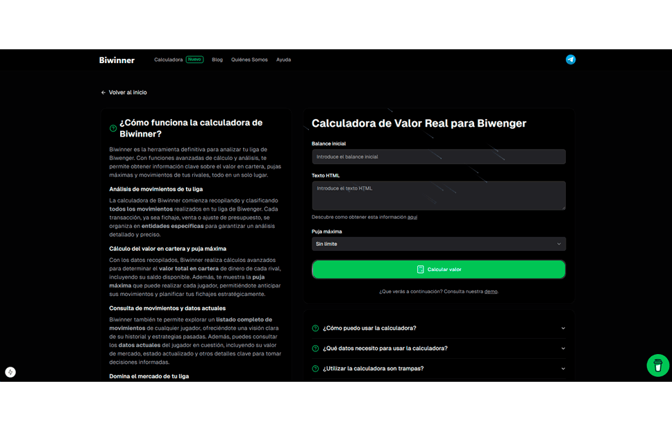 Calculadora de dinero y pujas máximas en Biwinner